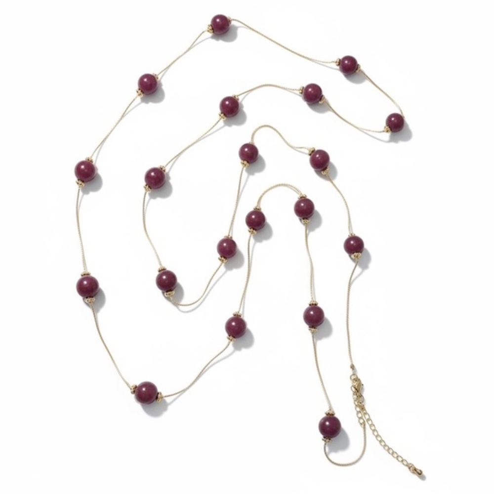 Vintage Burgundy Red Wine Beaded Long Necklace with Gold Accents